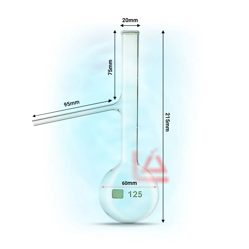 شیشه بالن ته گرد با لوله جانبی پیرکس آزمایشگاهی، حجم 125 سی سی، مورد استفاده در آزمایشگاه شیمی جهت انجام فرآیند تقطیر