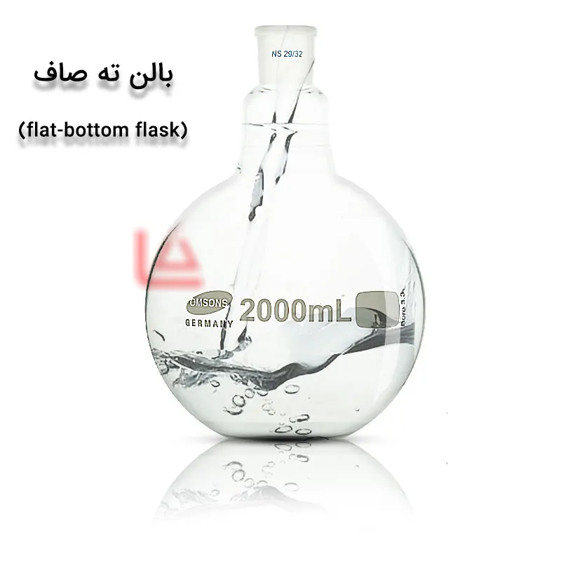 بالن ته صاف روداژدار شیشه ای آزمایشگاهی که جهت گرم کردن و تقطیر مایعات مورد کاربرد قرار میگیرد