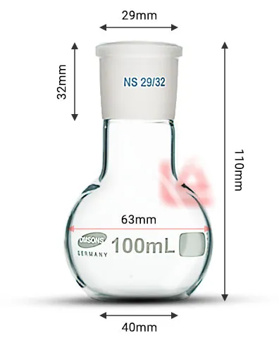 ظرف بالن شیشه ای ته صاف پیرکس 100 میلی لیتر آزمایشگاهی جهت تقطیر مایعات در آزمایشگاه شیمی دارای روداژ 29/32 آلمانی