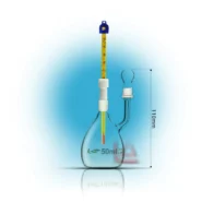 پیکنومتر ترمومتر دار مایعات 50 سی سی حرفه ای جهت سنجش وزن مخصوی، چگالی یا دانسیته مایعات در محیط های آزمایشگاه شیمی