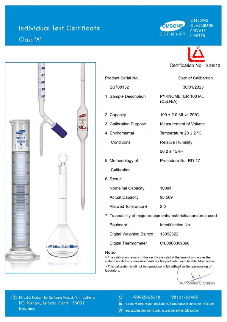 برگه کالیبراسیون پیکنومتر ترمومتر دار 100 سی سی آزمایشگاهی ساخت کشور آلمان برند OMSONS GERMANY