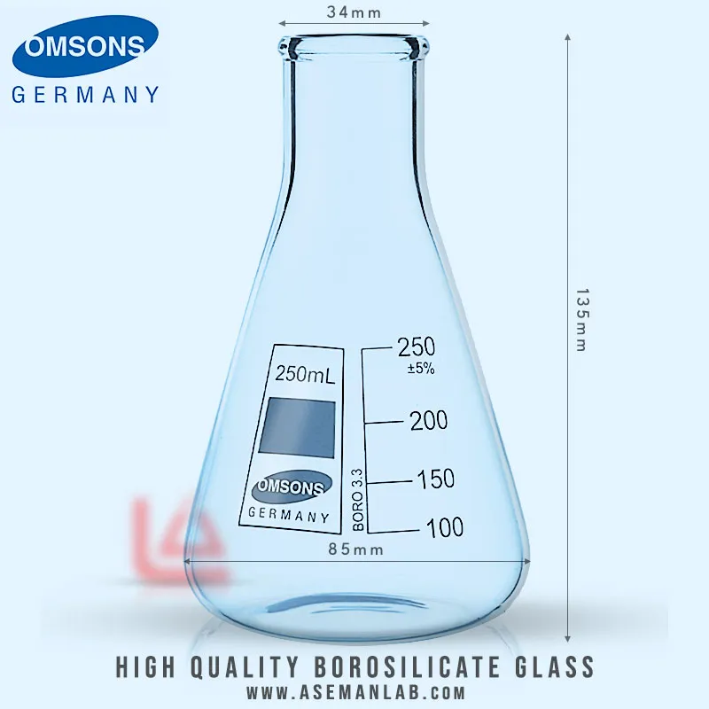 بهترین و با کیفیت ترین فلاسک ارلن مایر 250 میلی لیتر شیشه ای، دارای مدرج، برند omsons germany، یکی از ظروف و لوازم آزمایشگاهی، مورد استفاده در آزمایشگاه های شیمی و پزشکی، مقاوم در برابر دما و حرارت بالا و مواد شیمیایی